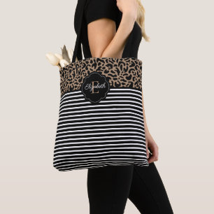 Elegant Monogram black Leopard Animal Print Tote B