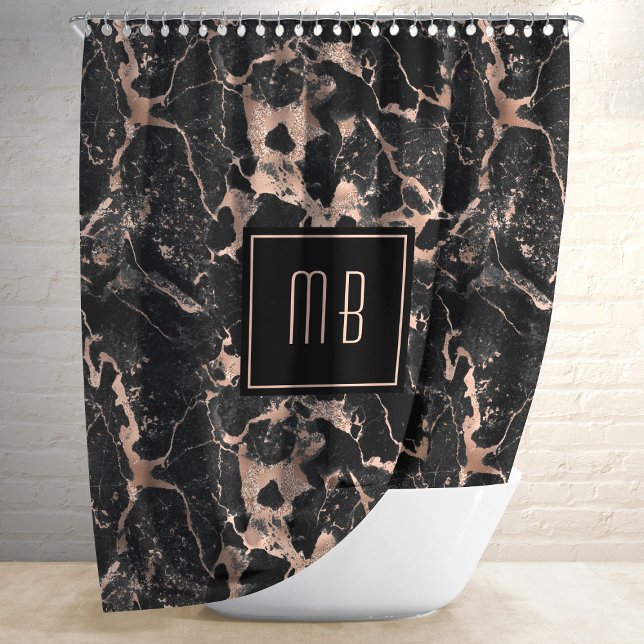 Elegant Monogram Black Marble  Shower Curtain (Personalized Monogram Rose Gold Black Marble Shower Curtain)