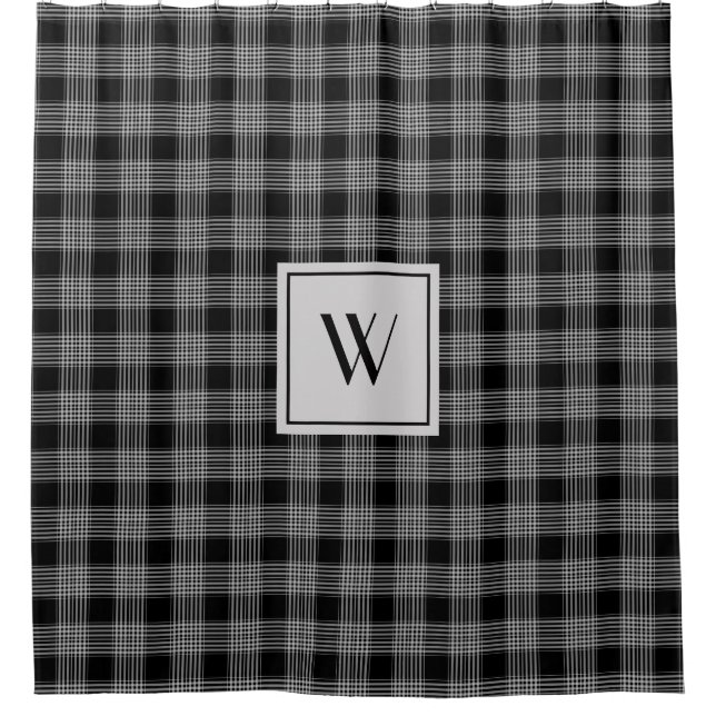 Elegant Monogram Black Plaid  Shower Curtain (Front)