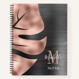 Elegant Monogram Black Rose Gold Leaf  Notebook