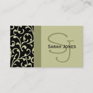 Elegant Monogram Black Sage Damask Business Card