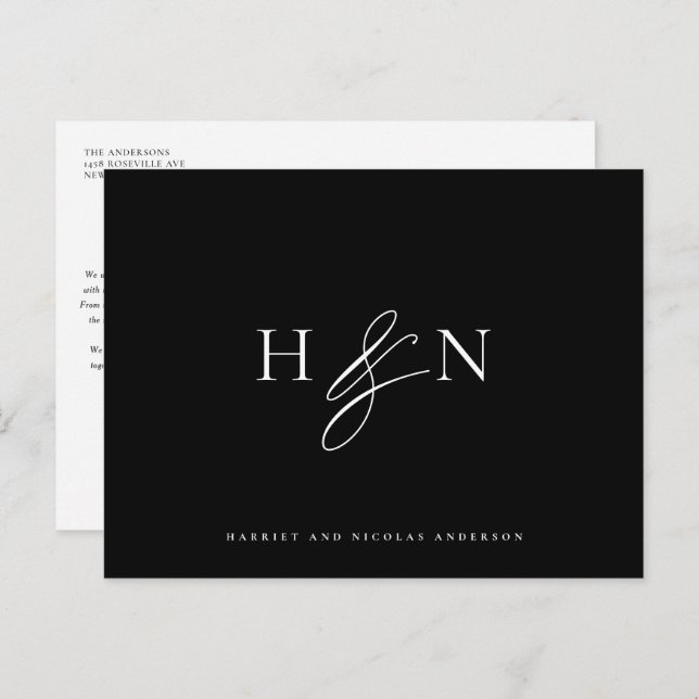 Elegant Monogram Black Wedding Thank You Postcard (Front/Back)