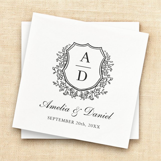 Elegant Monogram Black White Crest Wedding  Napkin (Creator Uploaded)