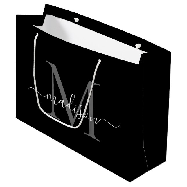 Elegant Monogram Black White Elegant Script Name Large Gift Bag (Front Angled)