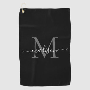 Elegant Monogram Black White Girly Script Name Golf Towel