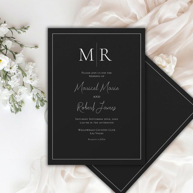 Elegant Monogram Black & White Modern Wedding Invitation (Creator Uploaded)