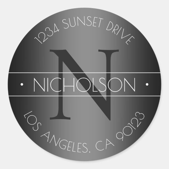 Elegant Monogram Black & White Return Address Classic Round Sticker (Front)