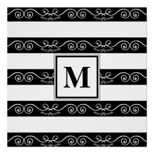 Elegant monogram Black White striped design Poster