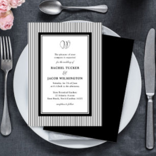 Elegant Monogram Black & White Striped Wedding Invitation