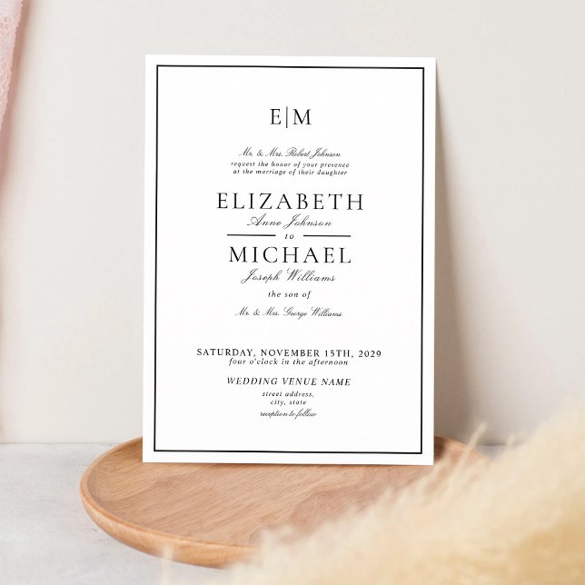 Elegant Monogram Black White Wedding Invitation (Creator Uploaded)