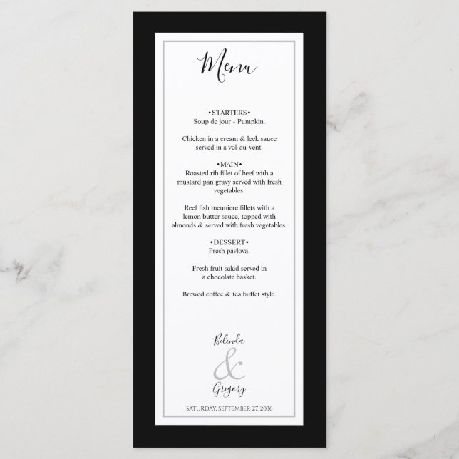 Elegant Monogram Black & White Wedding Menu (Front)