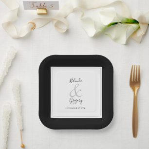Elegant Monogram Black & White Wedding  Paper Plate