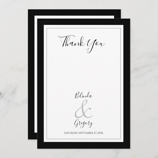 Elegant Monogram Black & White Wedding Thank You Card (Front/Back)