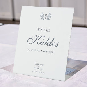 Elegant Monogram Blue Crest Wedding Kids Table Pedestal Sign