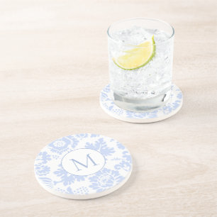 Elegant Monogram Blue Floral Botanical Coaster