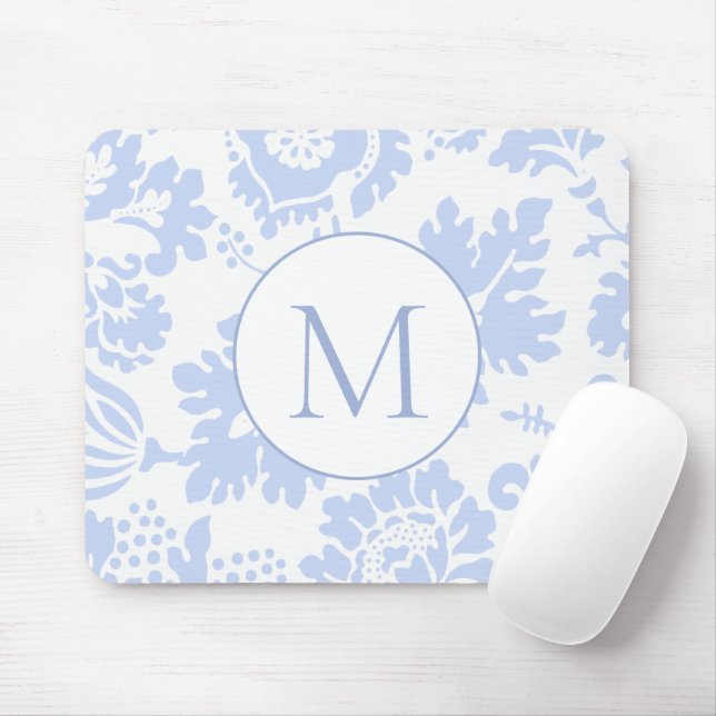 Elegant Monogram Blue Floral Botanical Mouse Pad (With Mouse)