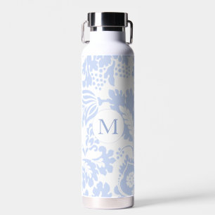 Elegant Monogram Blue Floral Botanical Water Bottle