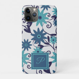 Elegant monogram blue turquoise flower pattern  iPhone 11 pro case