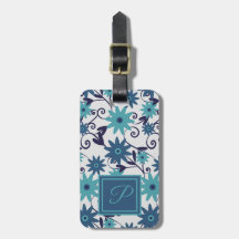 Elegant monogram blue  turquoise flower pattern