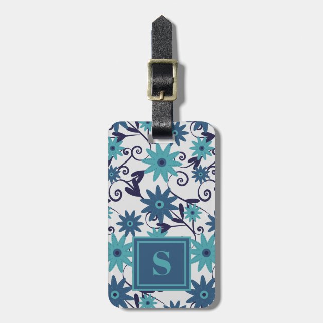 Elegant Monogram Blue  Turquoise Flower Pattern  Luggage Tag (Front Vertical)