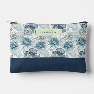 Elegant Monogram Blue Water Lily and Lotus Accessory Pouch