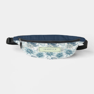 Elegant Monogram Blue Water Lily and Lotus Bum Bags