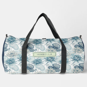 Elegant Monogram Blue Water Lily and Lotus Duffle Bag