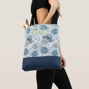 Elegant Monogram Blue Water Lily and Lotus Tote Bag