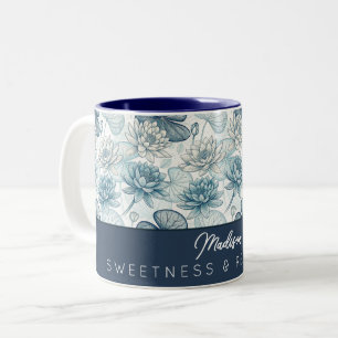Elegant Monogram Blue Water Lily and Lotus Two-Tone Coffee Mug