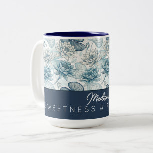 Elegant Monogram Blue Water Lily and Lotus Two-Tone Coffee Mug