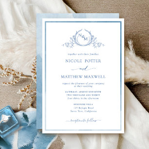 Elegant Monogram Blue Watercolor Wedding Invitatio Invitation
