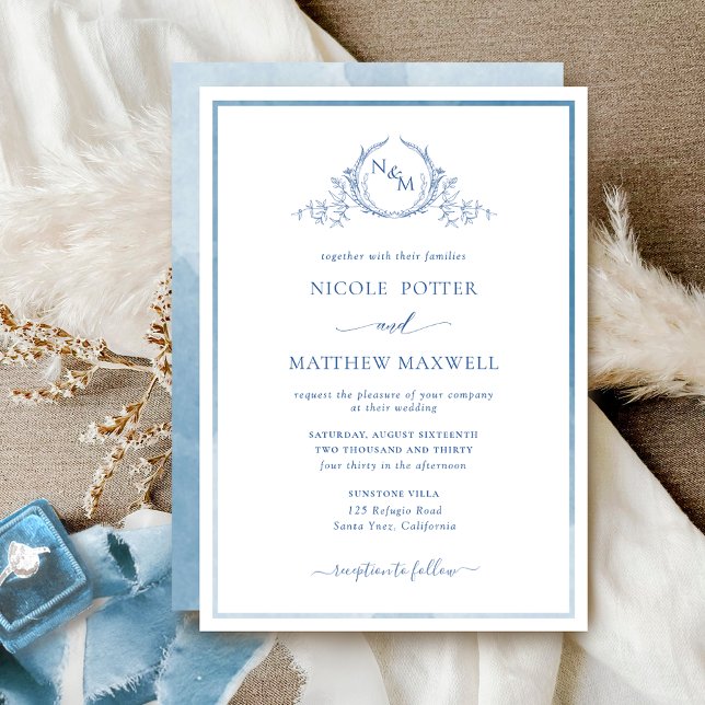 Elegant Monogram Blue Watercolor Wedding Invitatio Invitation (Creator Uploaded)