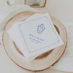 Elegant Monogram Blue White Chinoiserie Wedding Napkin
