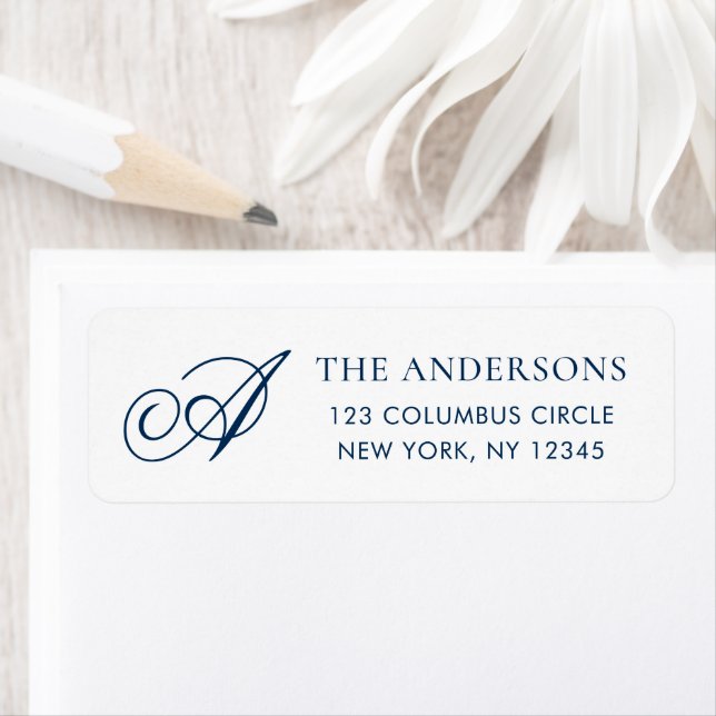 Elegant Monogram Blue White Return Address Label (Insitu)