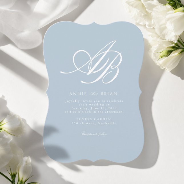 Elegant Monogram Blue White Wedding Invitation (Elegant Monogram Blue White Wedding Invitation)