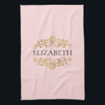 Elegant Monogram Blush Pink Gold Kitchen Towel<br><div class="desc">An elegant and chic blush pink and gold flourish monogram kitchen towel. Add your name between the gold floral flourish on the front. Designed for you by Blackberry Boulevard.</div>