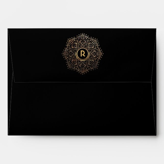 Elegant Monogram Boho Black Gold Foil Mandala 5x7 Envelopes (Back (Top Flap))