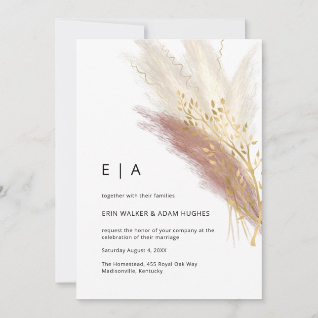 Elegant Monogram Boho Pink Gold Pampas Grass Invit Invitation (Front)