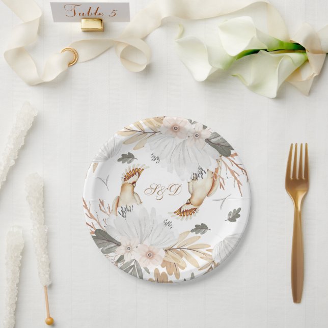 Elegant Monogram Boho Watercolor flowers & Birds Paper Plate (Wedding)