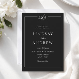 Elegant Monogram Border Black White Wedding Invitation