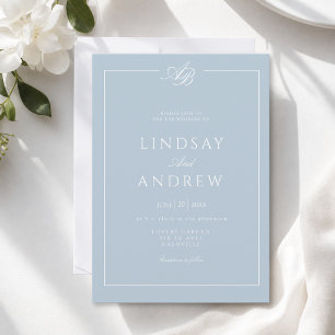 Elegant Monogram Border Blue White Wedding Invitation