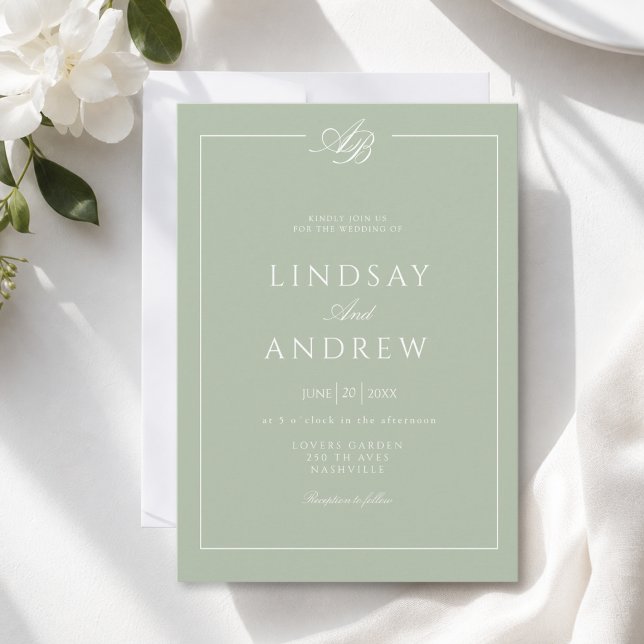 Elegant Monogram Border Green White  Wedding Invitation (Elegant Monogram Border Green White Wedding Invitation)