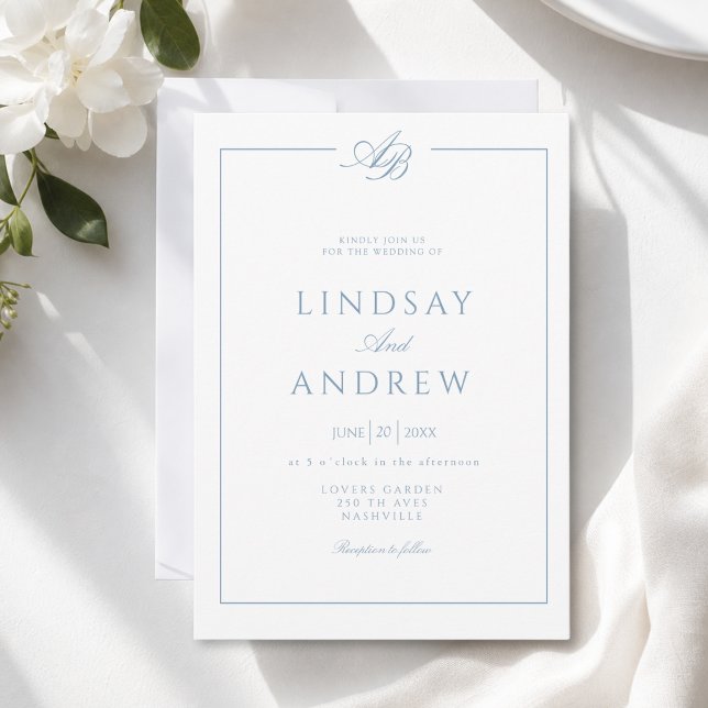 Elegant Monogram Border White Blue Wedding Invitation (Elegant Monogram Border White Wedding Invitation)