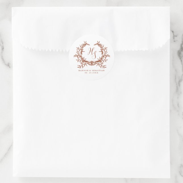 Elegant Monogram Botanical Crest Classic Round Sticker (Bag)