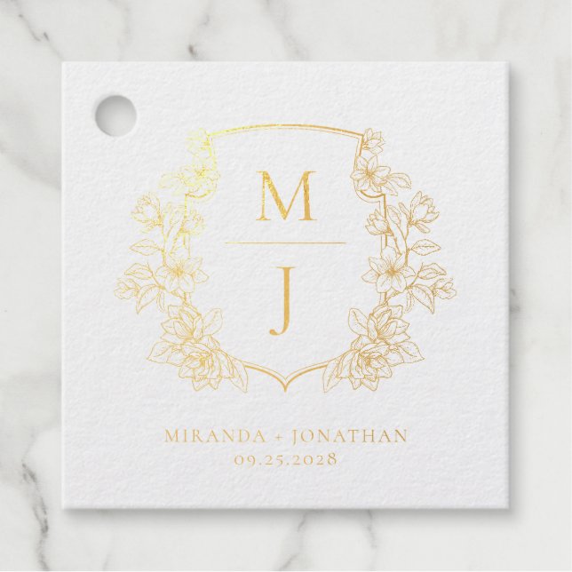 Elegant Monogram Botanical Crest Wedding Gold Favour Tags (Front)