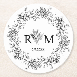 elegant monogram botanical floral wedding  round paper coaster