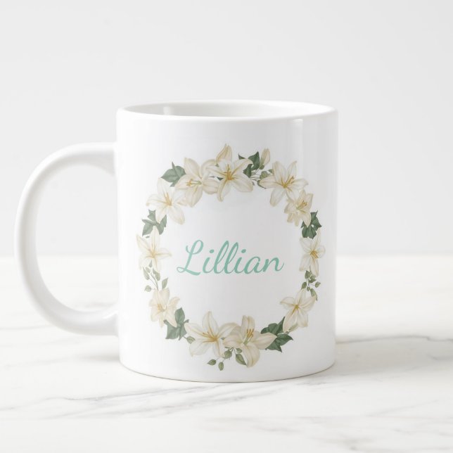 Elegant Monogram Botanical Lily Design   Large Coffee Mug (Left)