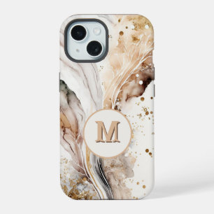 Elegant Monogram Brown Gold Marble Abstract Design iPhone 15 Case