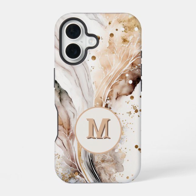 Elegant Monogram Brown Gold Marble Abstract Design iPhone 16 Case (Back)