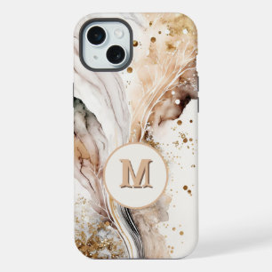 Elegant Monogram Brown Gold Marble Abstract Design iPhone 15 Plus Case